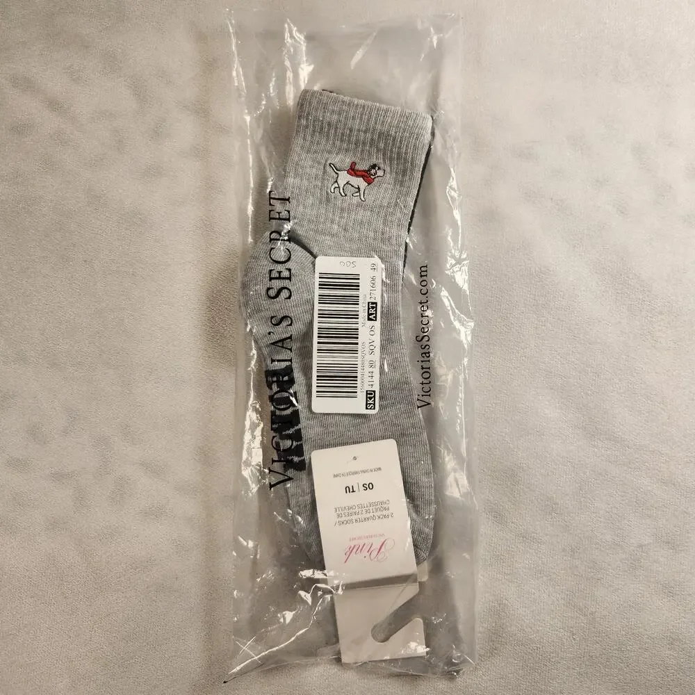 Victoria's Secret PINK Black and Gray Winter Pup Christmas Holiday Gift Socks